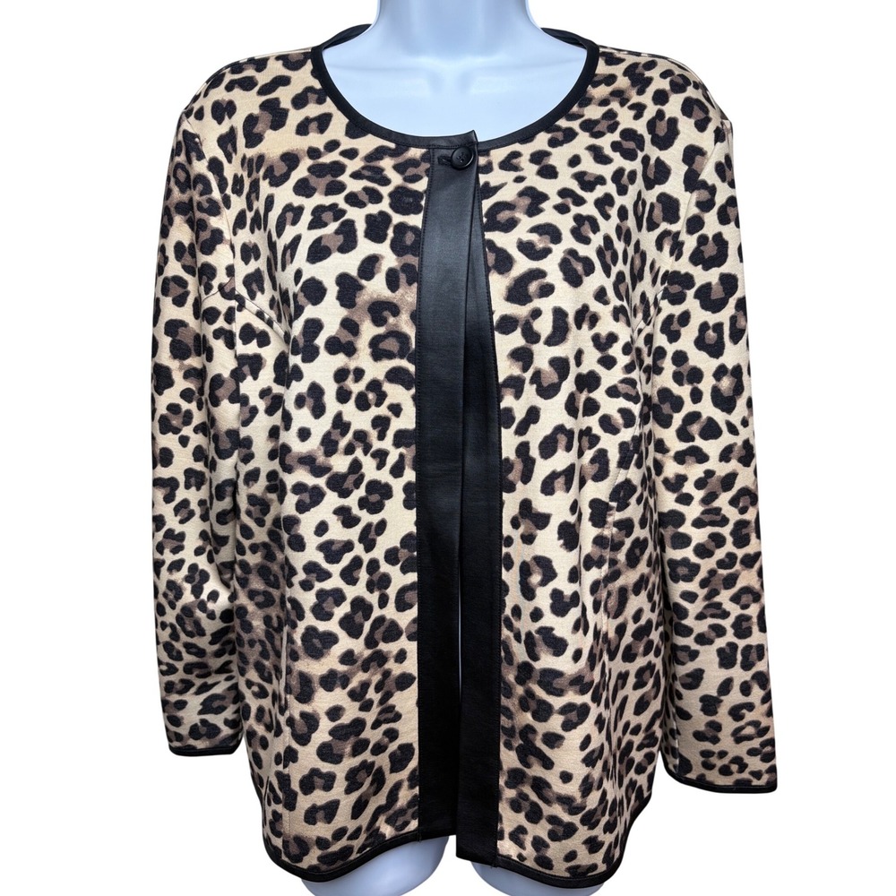 CHICO'S Womens Tan Leopard Print One Button Cardigan Sz 2/L Faux Leather Trim